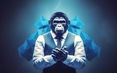 man folding hands career concept wearing vest polygonal gorilla mask isolated blue background. generative ai