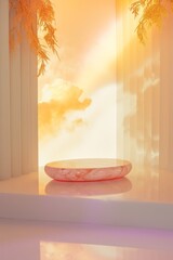 Warm golden hour light casting on marbled podium, ideal for product display with a tranquil sunrise backdrop