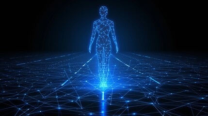 Shimmering interactive holographic human body icon with glowing effects in the air - obrazy, fototapety, plakaty