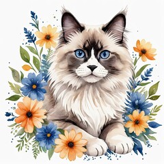 Watercolor blue point ragdoll cat with flowers around