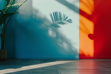 Dynamic shadows of tropical plant on vibrant blue and red gradient wall in modern interior