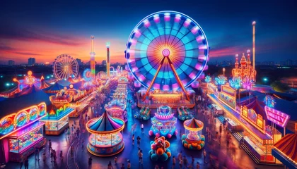 Naadloos Fotobehang Airtex Carnaval A panoramic view of a carnival scene at twilight