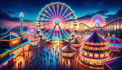 Acrylic prints Carnival A panoramic view of a carnival scene at twilight