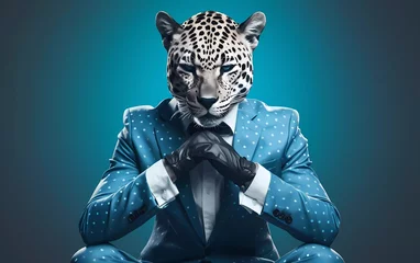 Foto op Plexiglas man folding hands career concept wearing vest mask polygonal leopard isolated blue background. generative ai © KBL Sungkid