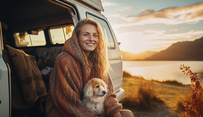 Smiling young woman covered with warm plaid meets cold morning sunrise sitting in touristic camper van with puppy dog friend. Romantic camp traveling concept, Mobile Living Captivating Home on wheels.