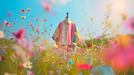 Secondhand Clothes Hanging Amidst a Vibrant Spring Field, Merging Fashion with Nature