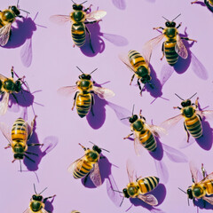 Artistic Top View of Honeybees on Purple Background, Symbolizing Community and Cooperation in Nature