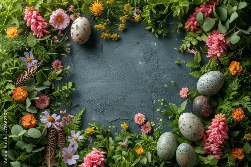 Poster a visually striking arrangement of flowers and eggs arranged in a circular formation. colorful flora