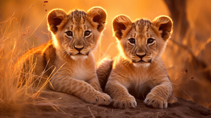 two cute  wild lion cubs close together in an wildlife safari outdoor meadow created with Generative AI Technology - obrazy, fototapety, plakaty