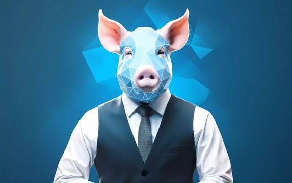 man folding hands career concept wearing vest polygonal mask pig isolated blue background. generative ai