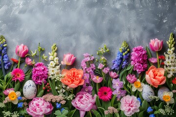 Fototapeta premium A vibrant assortment of flowers scattered and thriving amidst the green grass. Colorful floral Easter frame with Easter Eggs. 