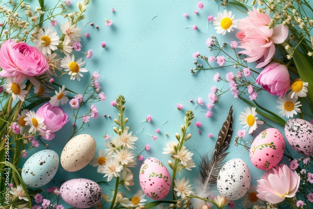 Wall mural Beautiful Easter Spring Floral Composition with Eggs on Blue Background