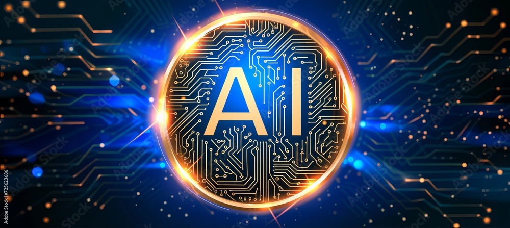 Poster lonely big shining ai icon as interactive holographic display in futuristic setting