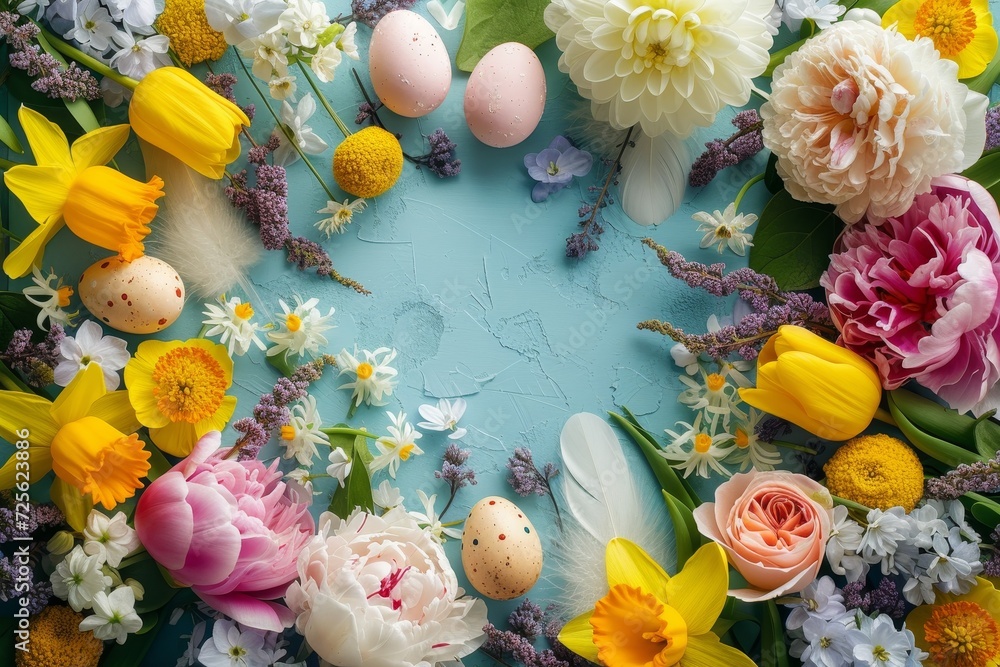 Poster Easter Spring Floral Composition with Eggs on Blue Background.