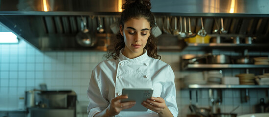 woman chef using a computer tablet while working in the industrial kitchen.