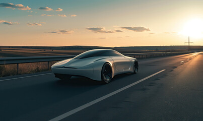 Fototapeta na wymiar Futuristic electric sports car facing towards sustainable city during golden hour