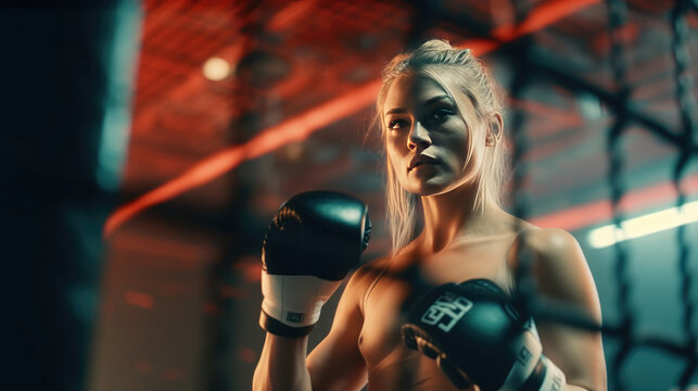 Female MMA boxing athlete in the ring with a cage