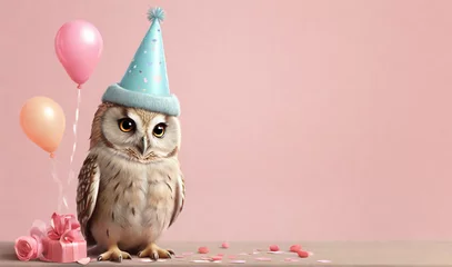 Foto op Canvas A cute little birthday owl with birthday cap celebrating his birthday, symbol of love. Pastel, creative, animal concept. Birthday party for owls. Illustration © Xabi