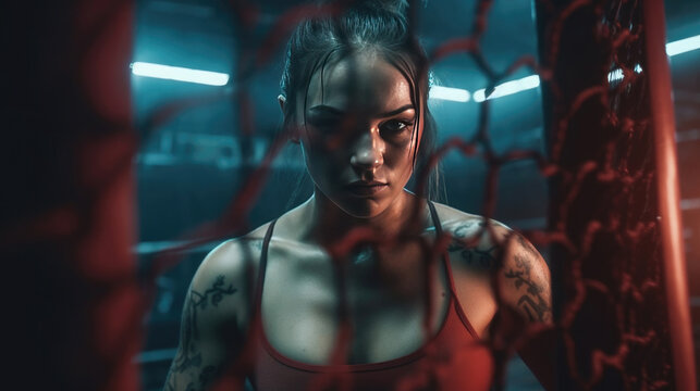 Female MMA boxing athlete in the ring with a cage