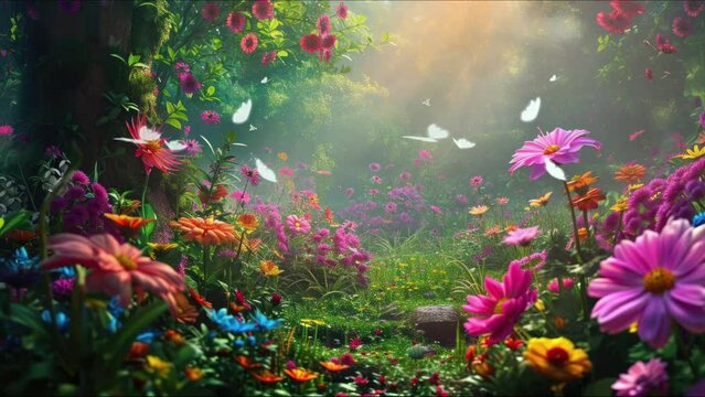 Enchanted Forest.Colorful Flower Plants, Sunlight, and Animated Butterflies - 4K Motion Graphic Looping Video Background, Wallpaper, and Backdrop