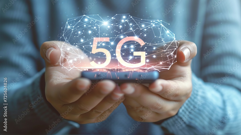 Aufkleber interactive holographic 5g text icon shining over mobile phone with copy space for text placement