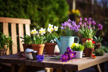 Obraz premium Spring gardening, gardening tools and flowers in the garden