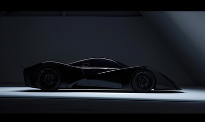 Studio shot, futuristic smooth electric hypercar, supercar, sports car, inside sustainable eco home at night under moonlight. High-end shot, shadow play