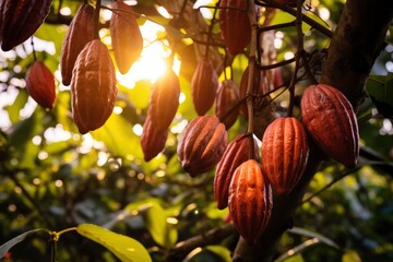 Red orange cocoa pods on a tree in the rays of the setting sun close-up. Good harvest of cocoa...
