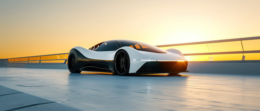 Studio shot, futuristic smooth white electric hypercar, supercar, sports car, driving along sustainable city highway. High-end shot, shadow play, golden hour