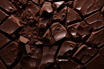 Texture of broken chocolate. Chocolate background. A bar of dark or milk chocolate is broken into pieces. Sweet food, dessert, cocoa