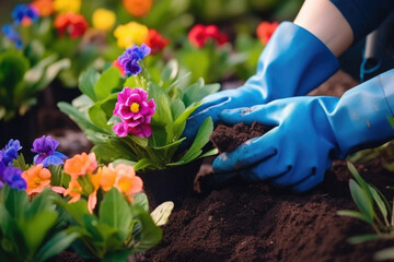 Close up of a hand with gloves planting flowers in the garden, concept of spring work, planting
