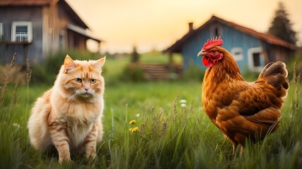 Hen with cat in the park group of chickens near a big house hen in the grass