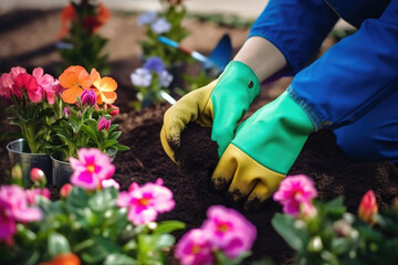 Close up of a hand with gloves planting flowers in the garden, concept of spring work, planting - obrazy, fototapety, plakaty