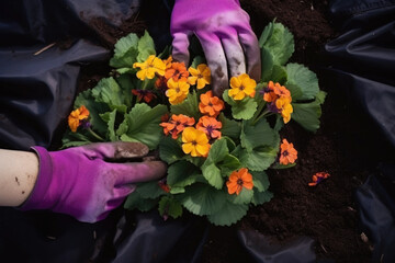 Close up of a hand with gloves planting flowers in the garden, concept of spring work, planting