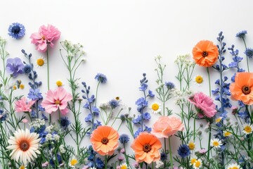 A vibrant collection of assorted flowers adorns a wall . Colorful floral card background. 
