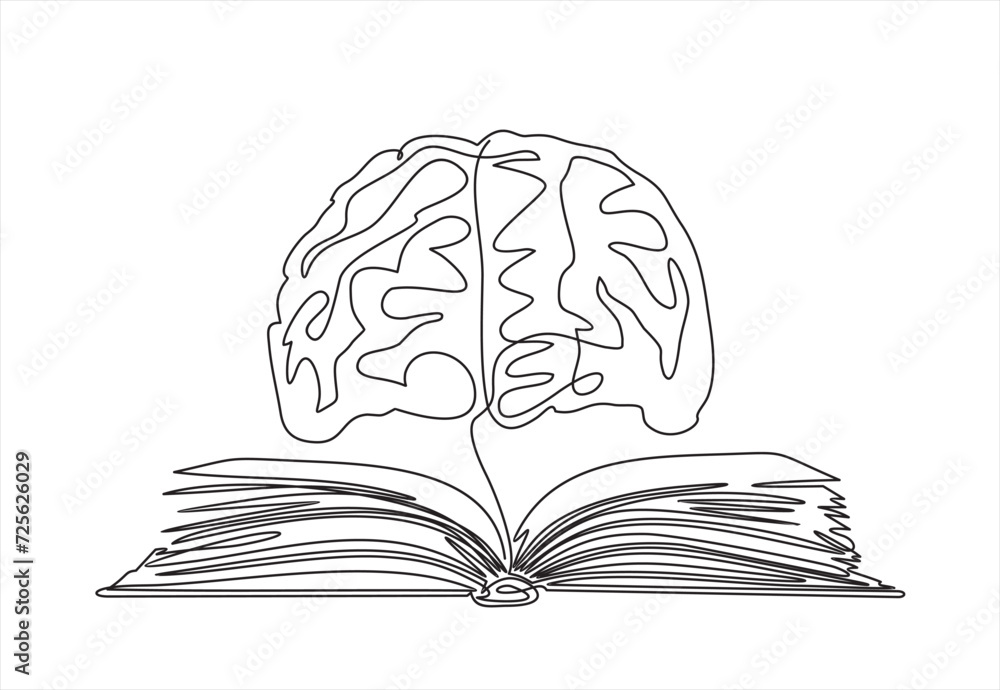 Poster one single line drawing of human brain above open text book logo identity. continuous line draw desi