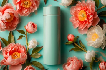 A thermos placed on a blue background, surrounded by pink and white flowers.