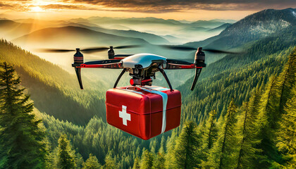 Closeup of a drone with a red first aid kit flying over a mountain landscape with green forest, small lake and valley at sunset or sunrise. Mountain rescue concept. Generative Ai. - obrazy, fototapety, plakaty