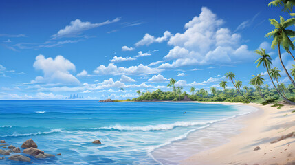 The stretch of beach on an island with palm trees. The sky is blue with white clouds meeting the calm blue sea , rocks on the side of the beach , tropical beach panorama