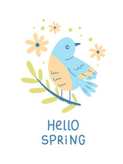 Hello Spring text with bird. Vector illustration. Seasonal greeting card with handwritten lettering animal twig flower. Springtime poster, postcard, banner.