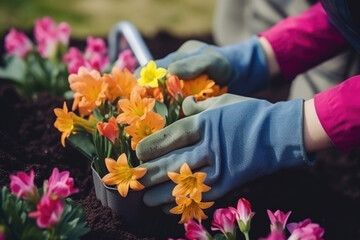 Close up of a hand with gloves planting flowers in the garden, concept of spring work, planting