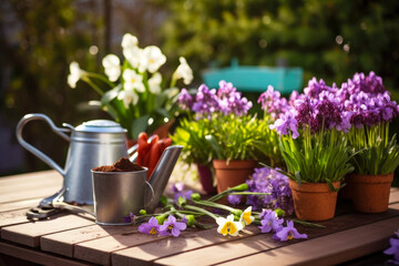 Spring gardening, gardening tools and flowers in the garden