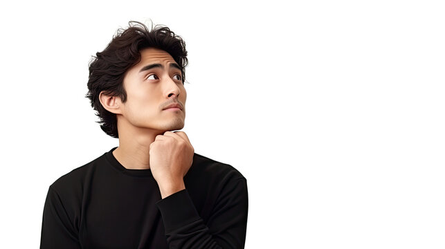 Asian man looking left in thinking pose on white background with empty space created with Generative AI Technology