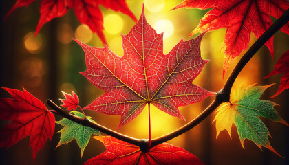 A close-up of a red maple leaf with veins and spots, detaching from a branch with other green and yellow leaves, against a blurred background of a forest in autumn, nature background