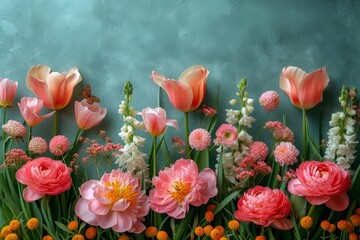 Spring Pink Tulips and Mixed Flowers with Butterfly Accent. Floral colorful spring Easter frame board with copy space.