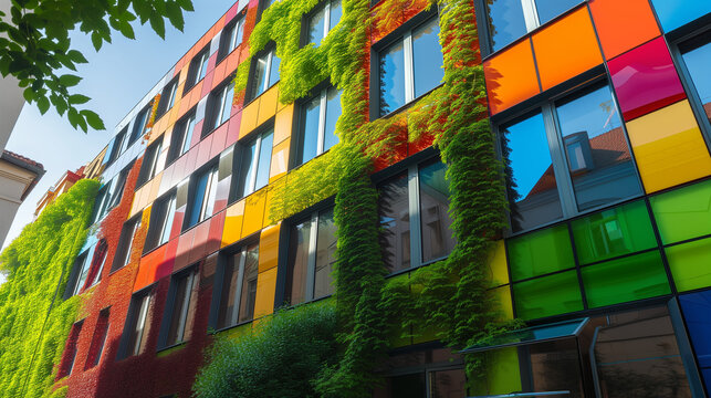 Sustainable Modern Facade, Transparent Solar Panels, Multi Colored Glass. Ecology, Renewable Energy, Green Electricity. Smart Infrastructure, Future Civil Engineering. Office, Commercial Real Estate. 