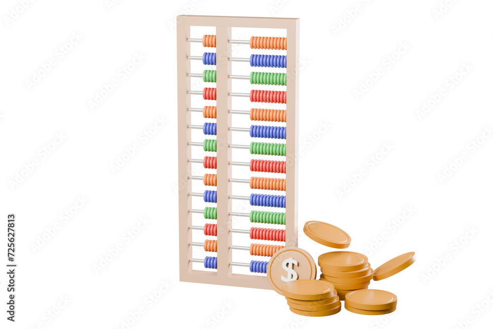 Poster 3d abacus with coin icon minimal cute smooth isolated on pink pastel background, arithmetic game lea