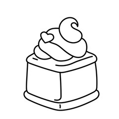 Cake with cream, heart and cookies. Dessert, sweets. Coloring page, icon, black and white vector illustration.