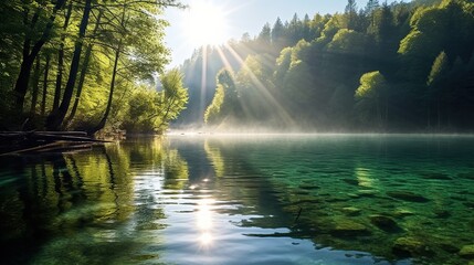 Beautiful morning in Plitvice National Park. Colorful spring landscape of green forest with pure water lake