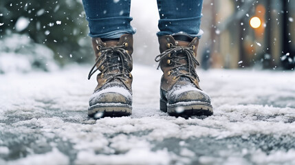  Close-up photo of winter boots on a snowy sidewalk